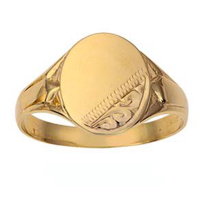 9ct Gold 13x12mm hand engraved oval gents signet sizes R-Z