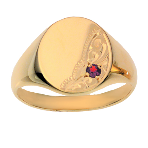9ct Gold 5x15mm solid hand engraved garnet set oval Signet Ring Sizes R-Z