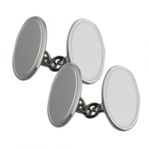 9ct White Gold 19x12mm line border oval chain Cufflinks