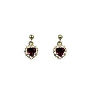 9ct Gold 11x7mm filagree heart dropper earrings set with Garnet