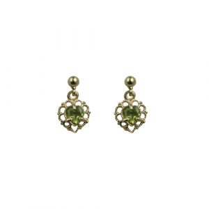 9ct Gold 11x7mm filagree heart dropper Earrings set with Peridot
