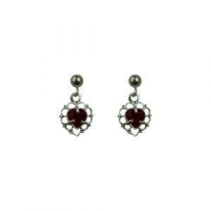 Silver 11x7mm filagree heart dropper Earrings set with Garnet
