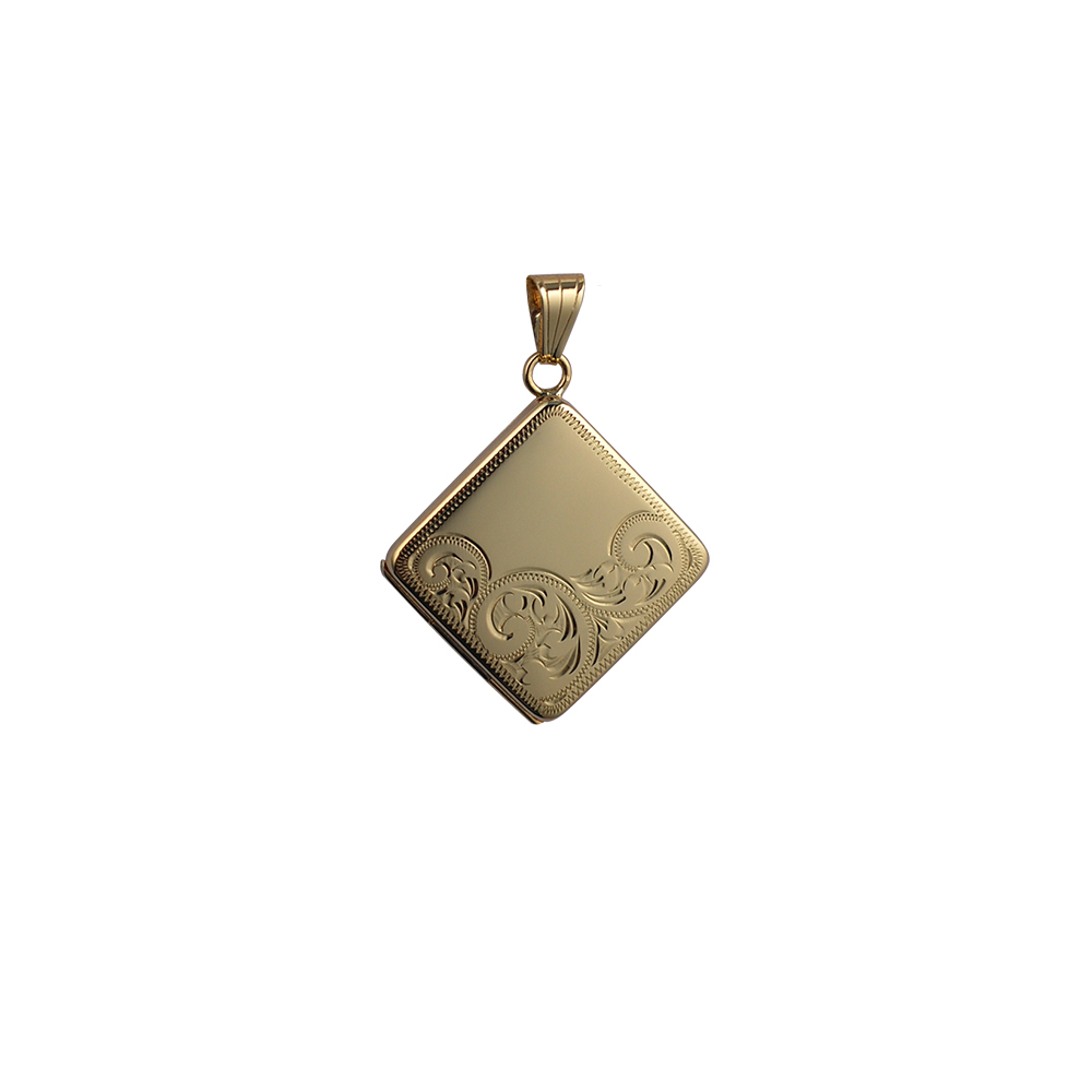 9ct Gold 22mm half hand engraved flat diamond shape Locket