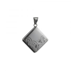 Silver 22mm half hand engraved flat diamond shape Locket