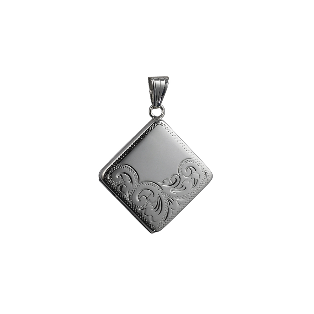 Silver 22mm half hand engraved flat diamond shape Locket