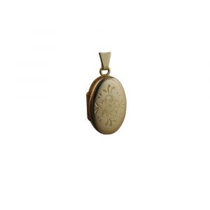 9ct Gold 22x15mm hand engraved flower oval Locket