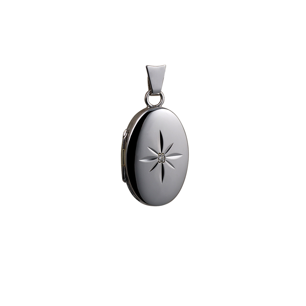 9ct White Gold 22x15mm plain diamond star set oval Locket