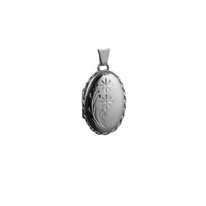 Silver 23x16mm hand engraved flowers oval twisted wire edge Locket