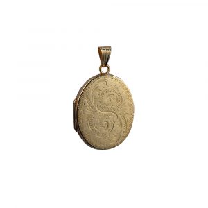 9ct Gold 30x24mm hand engraved flat oval Locket