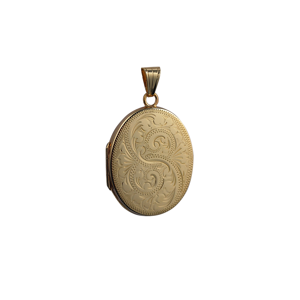 9ct Gold 30x24mm hand engraved flat oval Locket