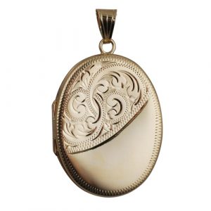 9ct Gold 35x26mm half engraved flat oval Locket