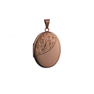 9ct Rose Gold 35x26mm half hand engraved flat oval Locket