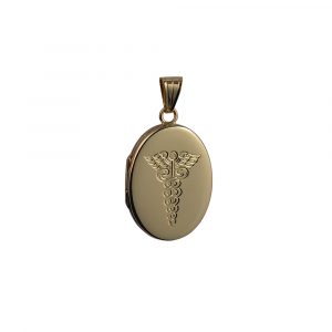 9ct Gold 26x19mm hand engraved medical cadeus flat oval Locket
