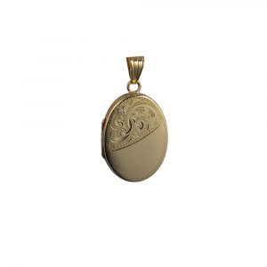 9ct Gold 26x19mm half hand engraved flat oval Locket