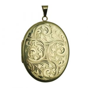9ct Gold 45x36mm hand engraved flat oval Locket