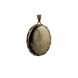 9ct Gold 37x28mm hand engraved butterfly oval fancy wire edge Locket