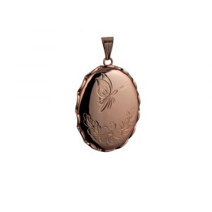 9ct Rose Gold 37x28mm hand engraved butterfly oval fancy wire edge Locket