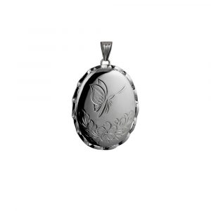 Silver 37x28mm hand engraved butterfly oval fancy wire edge Locket