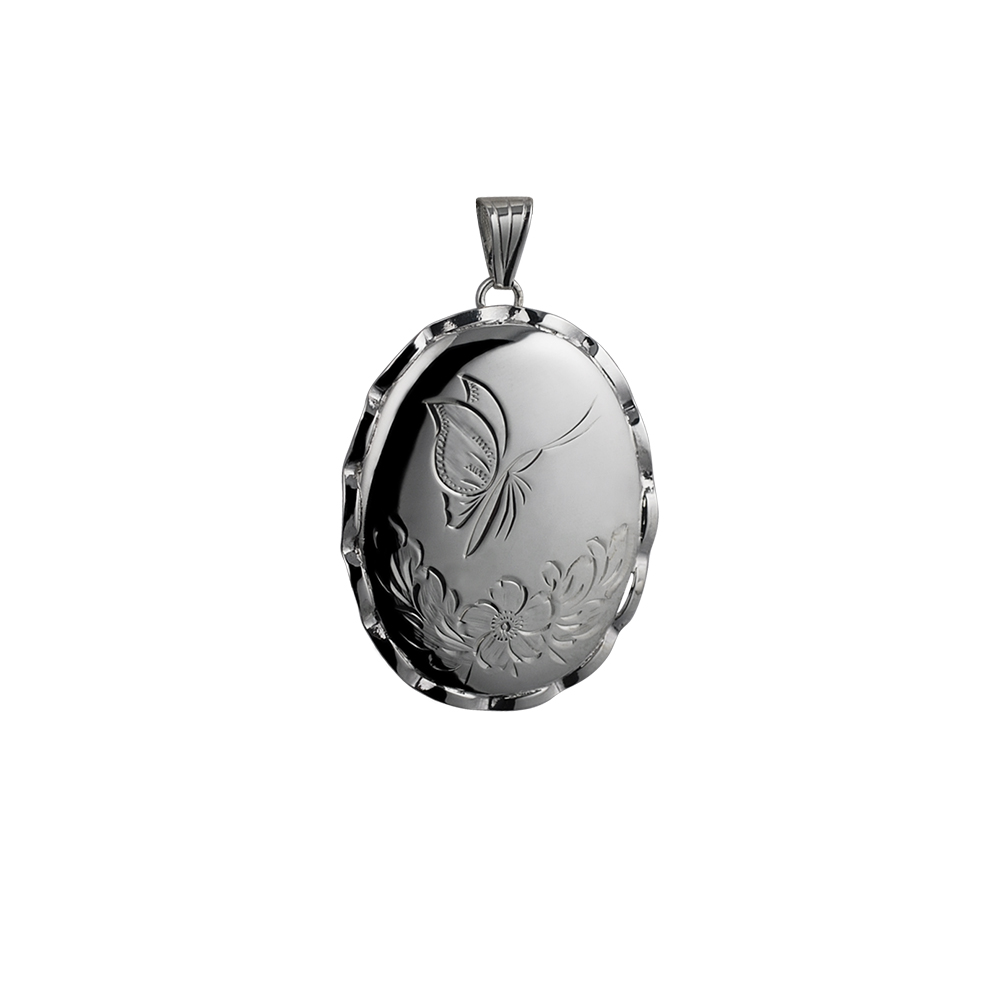 Silver 37x28mm hand engraved butterfly oval fancy wire edge Locket