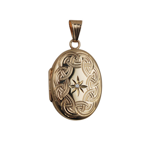 9ct Gold 27x20mm hand engraved celtic knot pattern centre star set with Diamond oval Locket