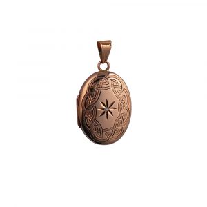 9ct Rose Gold 27x20mm hand engraved Celtic knot pattern centre star set with Diamond oval Locket