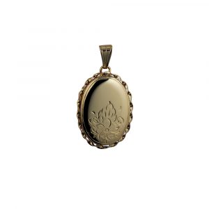 9ct Gold 29x22mm half hand engraved flowers oval twisted wire edge Locket
