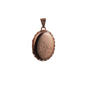 9ct Rose Gold 29x22mm half hand engraved flowers oval twisted wire edge Locket