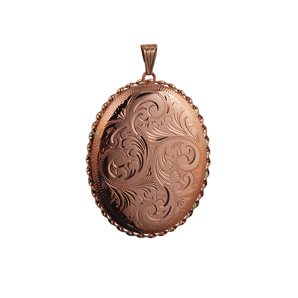 9ct Rose Gold 48x38mm hand engraved twisted wire edge oval Locket