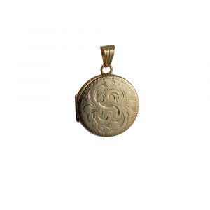 9ct Gold 23mm hand engraved round flat Locket