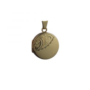 9ct Gold 20mm half hand engraved flat round Locket