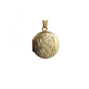 9ct Gold 20mm hand engraved flat round Locket