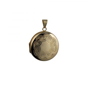 9ct Gold 29mm hand engraved celtic knot pattern round Locket