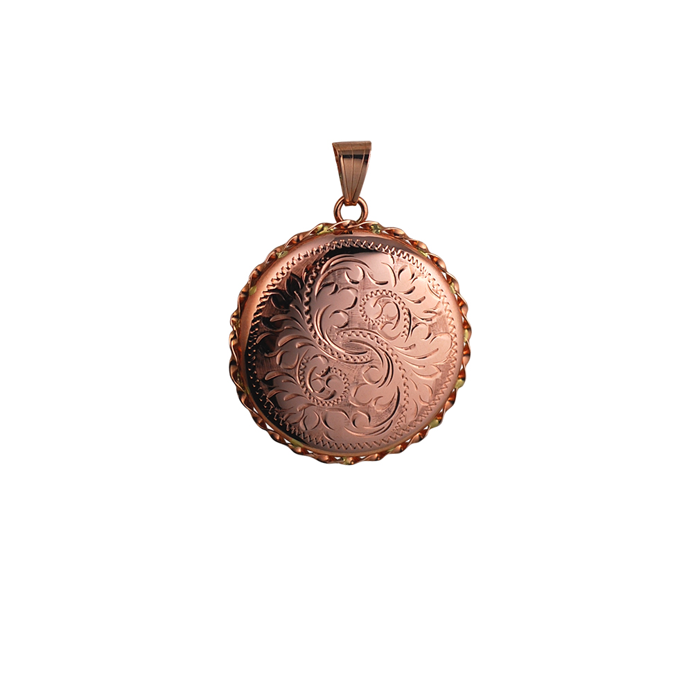 9ct Rose Gold 31mm hand engraved twisted wire edge round Locket
