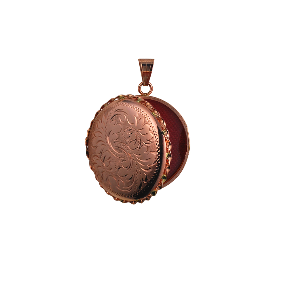 9ct Rose Gold 31mm hand engraved twisted wire edge round Locket - Image 2