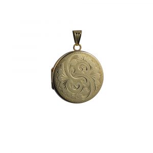 9ct Gold 29mm hand engraved flat round Locket