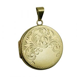 9ct Gold 29mm flat round half hand engraved Locket