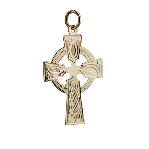 9ct Gold 28x20mm hand engraved knot pattern Celtic Cross