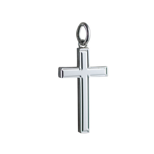 9ct White Gold 25x15mm line border Solid Block Cross