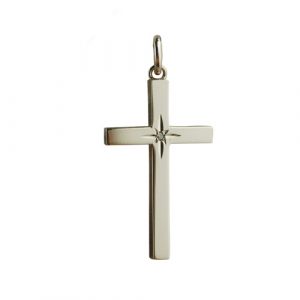 9ct Gold 30x18mm diamond cut star set with diamond Solid Block Cross