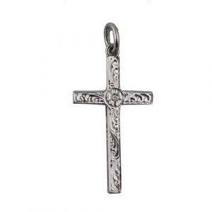 9ct White Gold 30x18mm Victorian hand engraved Solid Block Cross