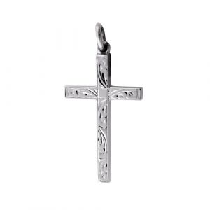 9ct White Gold 30x18mm hand engraved Solid Block Cross