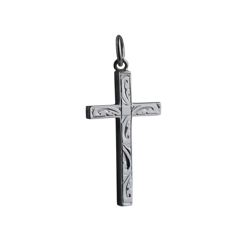 9ct White Gold 25x15mm hand engraved Solid Block Cross