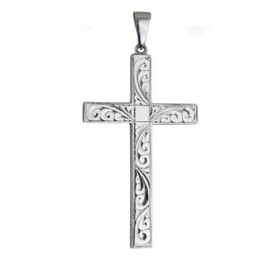 Silver 55x33mm hand engraved Solid Block Cross with bail