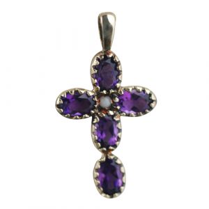 9ct Gold 25x16mm Cross Gem set with 5 Amethyst and 1 pearl