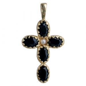 9ct Gold 25x16mm Cross Gem set with 5 dark sapphires and 1 pearl