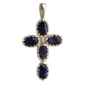 9ct Gold 25x16mm Cross Gem set with 5 Iolite and 1 Pearl