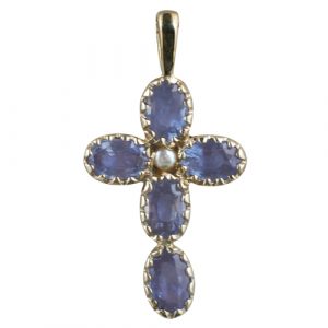 9ct Gold 25x16mm Cross gem set with 5 Sapphires and 1 pearl