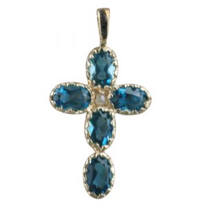9ct Gold 25x16mm Cross gem set with 5 blue Topaz and 1 pearl