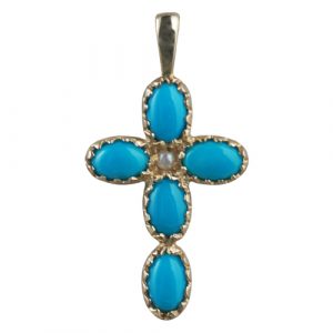 9ct Gold 25x16mm Cross Gem set with 5 Turquoise and 1 pearl