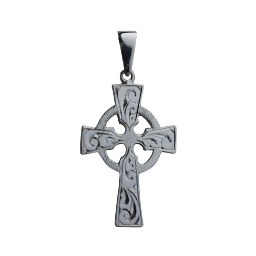 9ct White Gold 35x24mm hand engraved Celtic Cross with bail